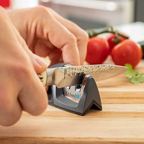 KitchenIQ 50825 | Diamond Deluxe Edge Grip 2-Stage Knife Sharpener | Black | Coarse & Fine Sharpeners | Compact for Easy Storage | Non-Slip Base | Soft Grip Rubber Handle | Straight & Serrated Knives