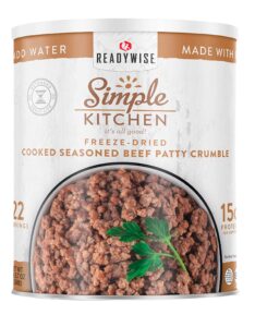 readywise - simple kitchen, seasoned ground beef crumbles, 22 servings, mre, emergency food supply, freeze dried meat, freeze dried food, canned food, ground beef, camping, survival food, 10 can