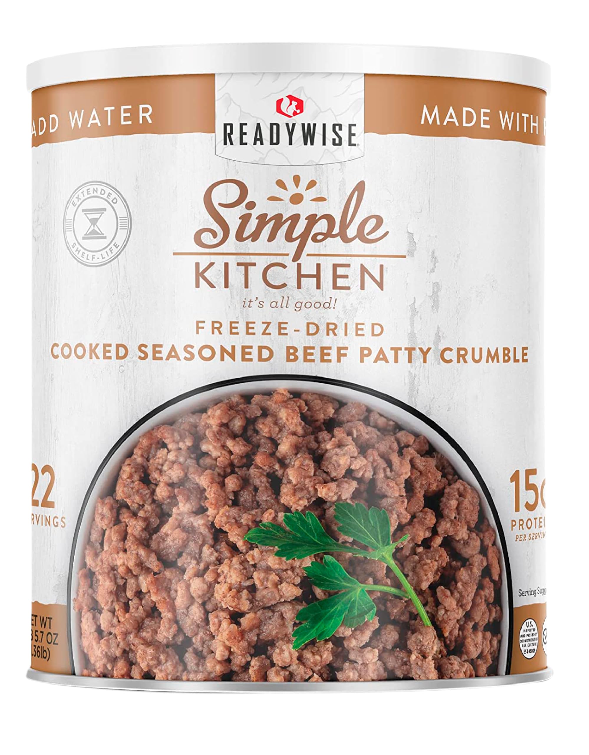 READYWISE - Simple Kitchen, Seasoned Ground Beef Crumbles, 22 Servings, MRE, Emergency Food Supply, Freeze Dried Meat, Freeze Dried Food, Canned Food, Ground Beef, Camping, Survival Food, 10 Can