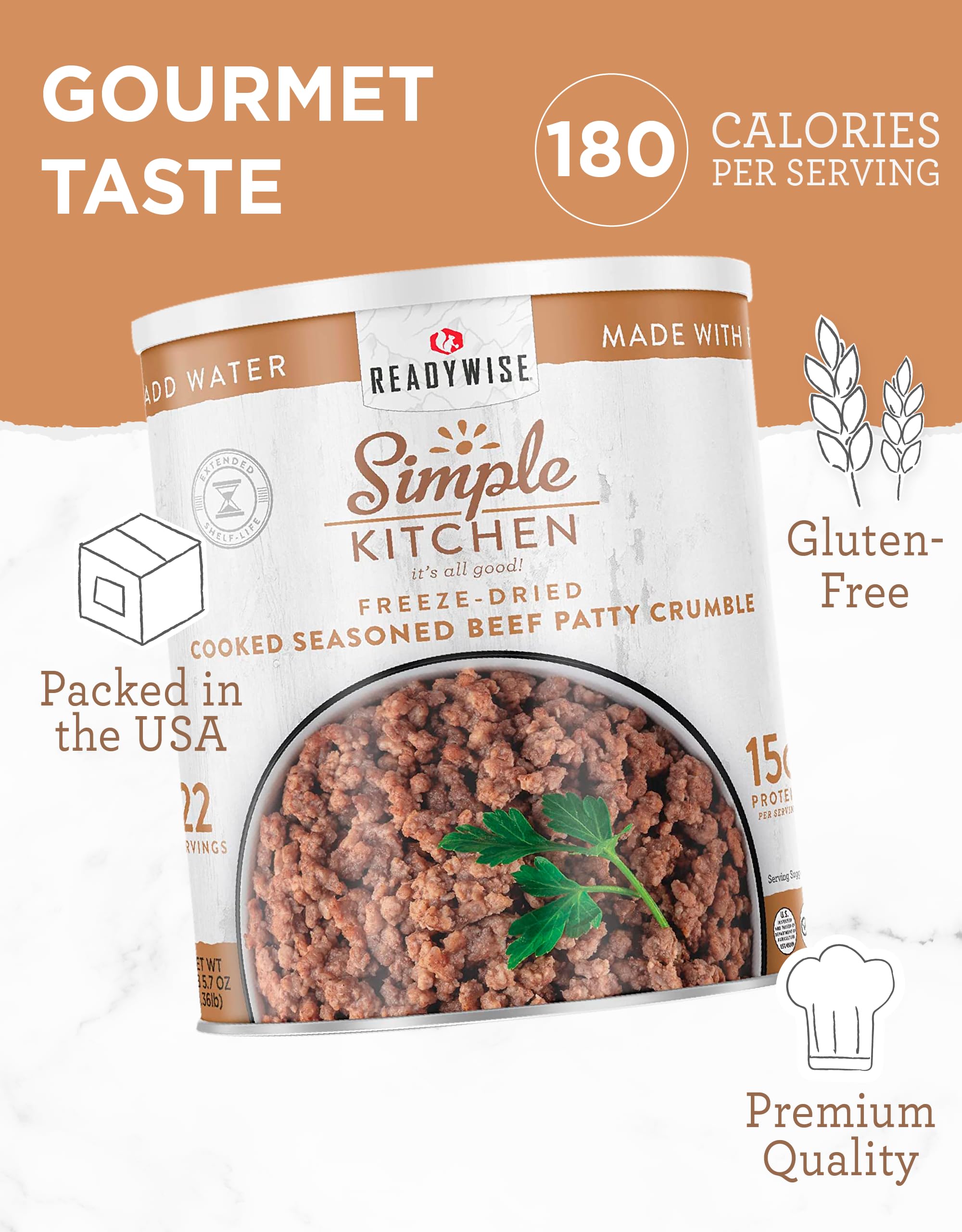 READYWISE - Simple Kitchen, Seasoned Ground Beef Crumbles, 22 Servings, MRE, Emergency Food Supply, Freeze Dried Meat, Freeze Dried Food, Canned Food, Ground Beef, Camping, Survival Food, 10 Can