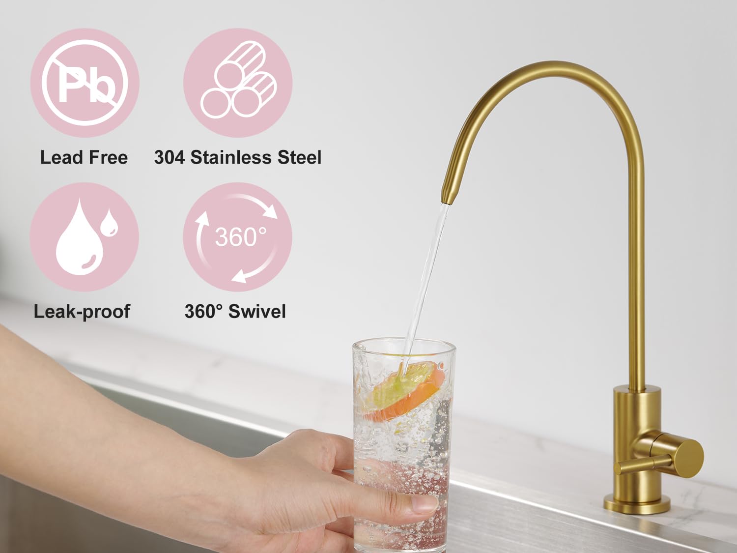 Tohlar Drinking Water Faucet for Kitchen Sink, Gold Filtered Water Faucet Lead-Free Reverse Osmosis Faucet Water Filtration System 304 Stainless Steel, Brushed Gold Finish