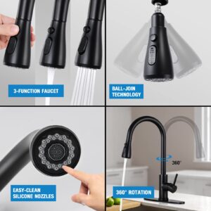 Black Kitchen Faucet, Qomolangma Kitchen Faucets with Pull Down Sprayer for Kitchen Sink, Stainless Steel Single Handle Kitchen Sink Faucet Matte Black