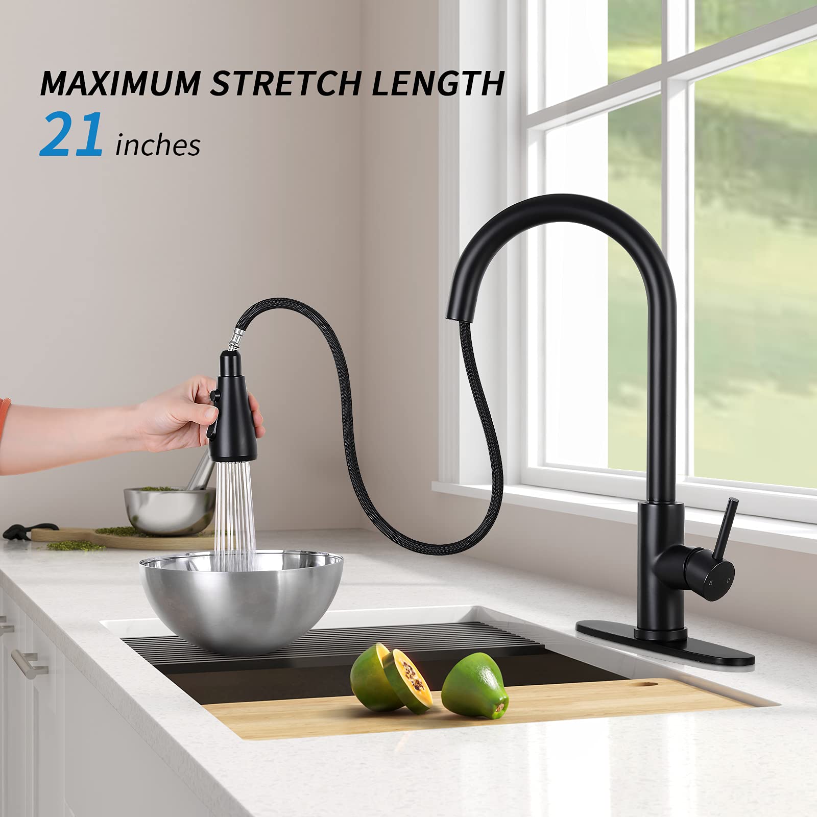 Black Kitchen Faucet, Qomolangma Kitchen Faucets with Pull Down Sprayer for Kitchen Sink, Stainless Steel Single Handle Kitchen Sink Faucet Matte Black