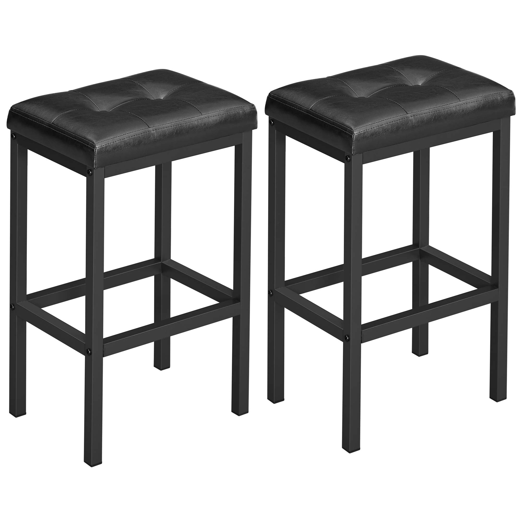 VASAGLE Bar Stools, Set of 2 PU Upholstered Breakfast Stool, 15.7 x 11.8 x 24.4 Inches, Backless, Simple Assembly, Industrial, Dining Room Kitchen Counter Bar, Black Seat and Black Frame ULBC068B81