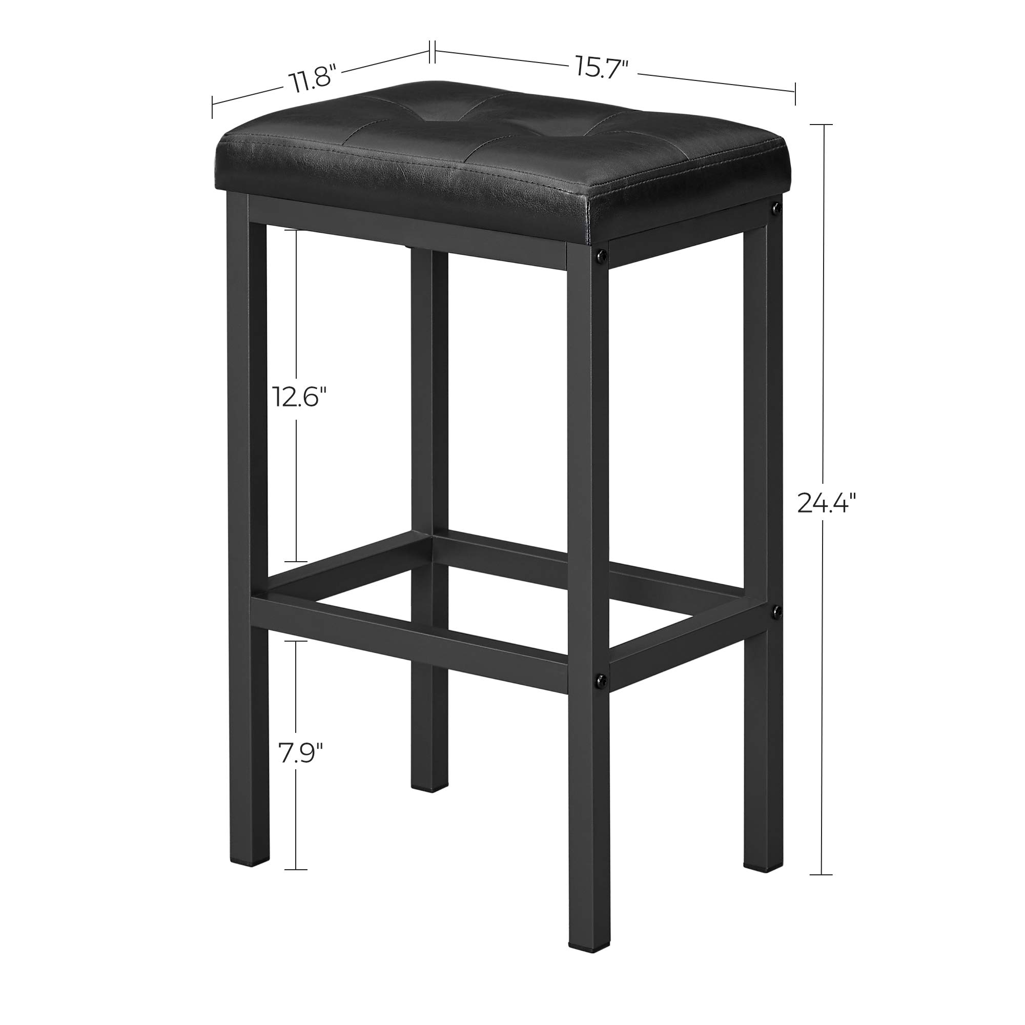 VASAGLE Bar Stools, Set of 2 PU Upholstered Breakfast Stool, 15.7 x 11.8 x 24.4 Inches, Backless, Simple Assembly, Industrial, Dining Room Kitchen Counter Bar, Black Seat and Black Frame ULBC068B81