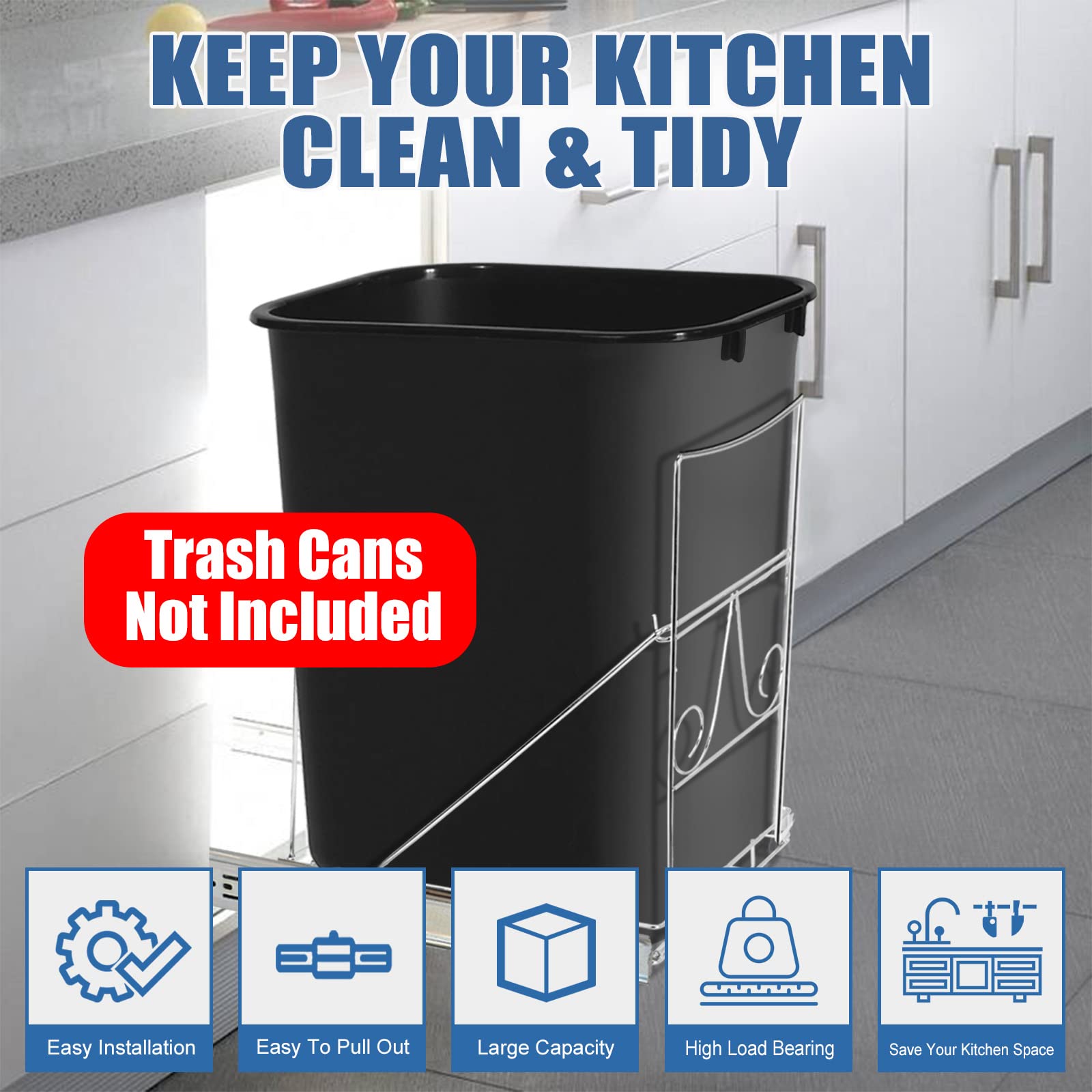 NICVSLEC Adjustable Under-Sink Trash Can, Chrome Steel, 100-Pound Capacity, Pull-Out Slide, Fits 7-11 Gallon Bins