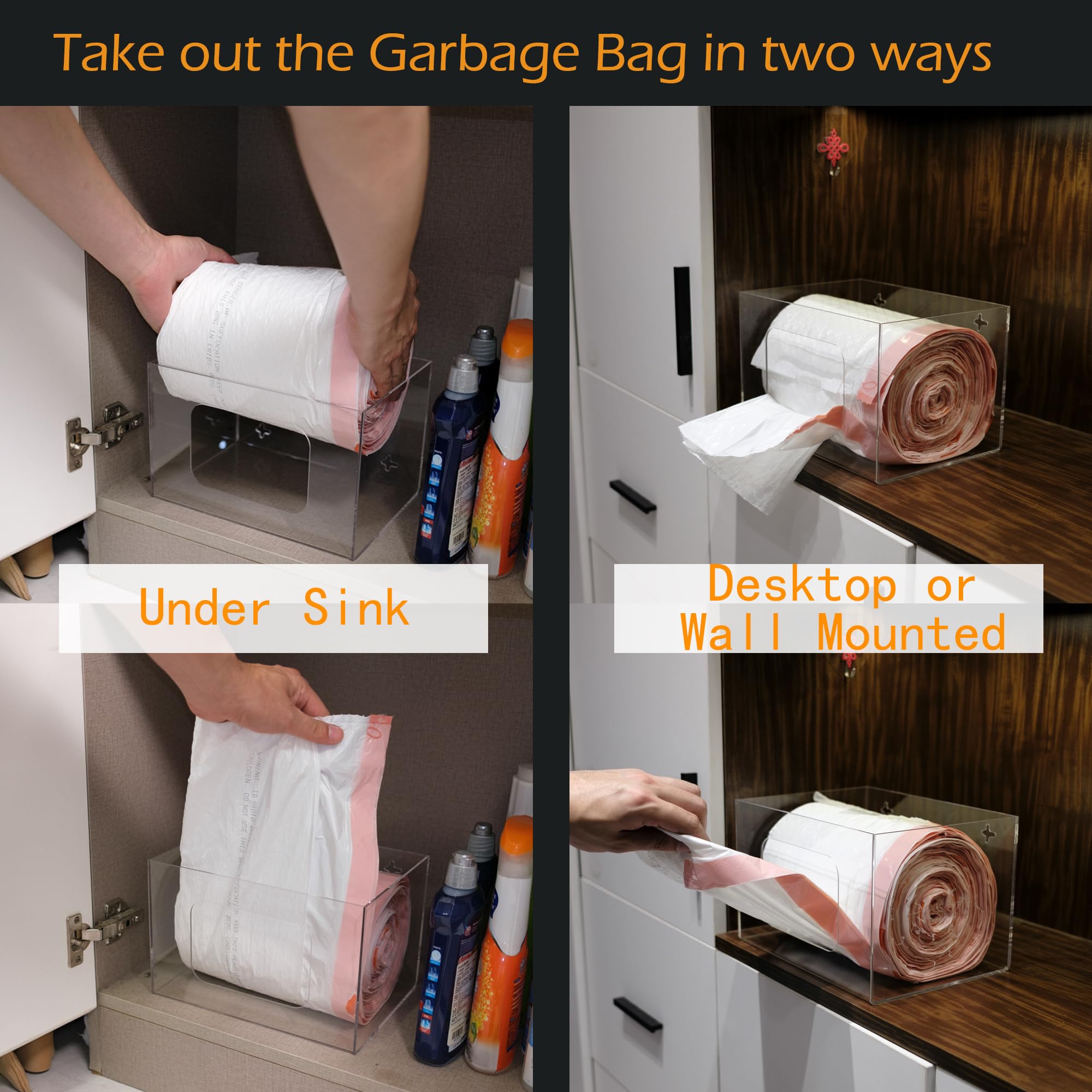 SEANADO Extra Large Trash Bag Dispenser Roll Holder, Wall Mount Acrylic Kitchen Under Sink Pantry Organizer Storage Box for 13 33 30 Gallon Garbage Bag Grocery Bag Plastic Bag Holder