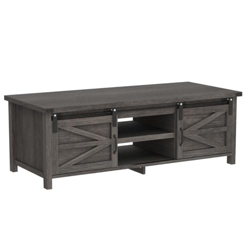 St.Mandyu Farmhouse Coffee Table with Hidden Compartment and Storage Cabinets Shelves, Wood Rectangular Tables with Sliding Barn Doors for Living Room Reception (Dark Grey)