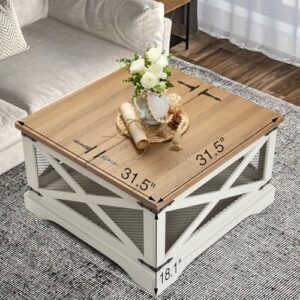 HOKYHOKY Square Coffee Table with Storage, 31.5" Farmhouse Wood Center Table with Hinged Lift Top, Industrial Coffee Table Rustic Rectangle Cocktail Table for Living Room (Distressed White)