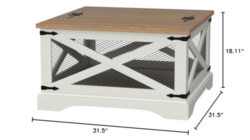 HOKYHOKY Square Coffee Table with Storage, 31.5" Farmhouse Wood Center Table with Hinged Lift Top, Industrial Coffee Table Rustic Rectangle Cocktail Table for Living Room (Distressed White)