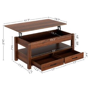 Rolanstar Coffee Table, Lift Top Coffee Table with Drawers and Hidden Compartment, Retro Central Table with Wooden Lift Tabletop, for Living Room,Espresso