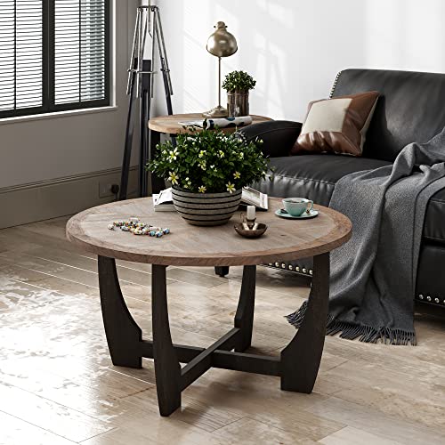 COZAYH Rustic Farmhouse Coffee Table with Crisscross Base, French Country Accent Table for Family, Dinning or Living Room, Modern, Round