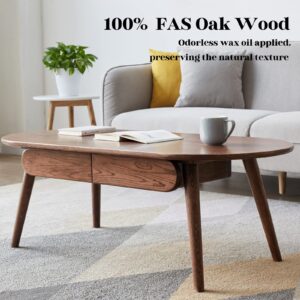 Bamskov 100% Solid Wood Coffee Table with Storage - Mid Century Modern Coffee Table - Oval Coffee Table - Simple Assembly (Walnut, 47.24")