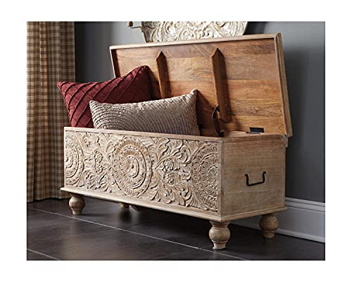 Signature Design by Ashley Fossile Ridge Boho Carved Wood Storage Bench with Hinge Top, Beige