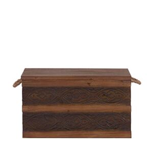 Household Essentials Decorative Trunk, Embossed Metal, Large, Chinese Fir Wood, Darkened Interior, Rope Handles, Flat and Fully Opening Lid, Handmade, Walnut and Almond Stain