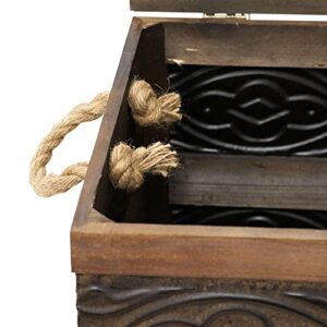 Household Essentials Decorative Trunk, Embossed Metal, Large, Chinese Fir Wood, Darkened Interior, Rope Handles, Flat and Fully Opening Lid, Handmade, Walnut and Almond Stain