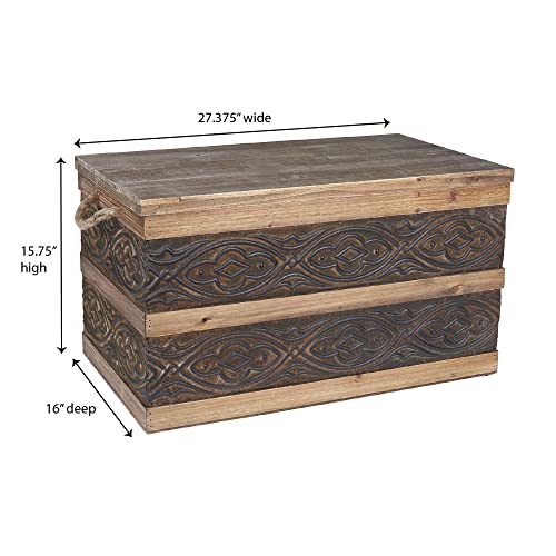 Household Essentials Decorative Trunk, Embossed Metal, Large, Chinese Fir Wood, Darkened Interior, Rope Handles, Flat and Fully Opening Lid, Handmade, Walnut and Almond Stain