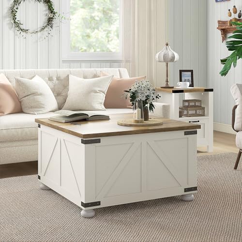 HOMCOM Farmhouse Coffee Table, Square Coffee Table with Storage for Living Room, Center Table with Hinged Flip Lift Top and Hidden Space, Antique White