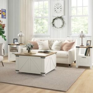 HOMCOM Farmhouse Coffee Table, Square Coffee Table with Storage for Living Room, Center Table with Hinged Flip Lift Top and Hidden Space, Antique White