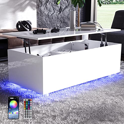 High Gloss Lift Top Table with Led Lights, Led Coffee Table with Storage Shelf and Hidden Compartment for Home Living Room Reception Room Office, White