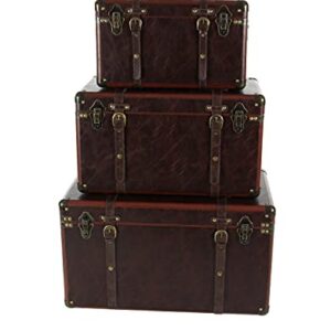 Deco 79 Faux Leather Decorative Trunk Nesting Upholstered Decorative Large Boxes with Vintage Accents and Studs, Set of 3 Storage Trunks 19", 24", 27"W, Brown