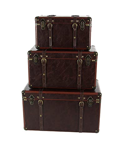 Deco 79 Faux Leather Decorative Trunk Nesting Upholstered Decorative Large Boxes with Vintage Accents and Studs, Set of 3 Storage Trunks 19", 24", 27"W, Brown