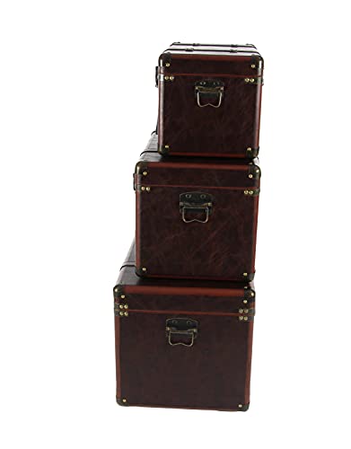 Deco 79 Faux Leather Decorative Trunk Nesting Upholstered Decorative Large Boxes with Vintage Accents and Studs, Set of 3 Storage Trunks 19", 24", 27"W, Brown