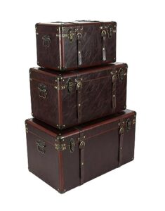 deco 79 faux leather decorative trunk nesting upholstered decorative large boxes with vintage accents and studs, set of 3 storage trunks 19", 24", 27"w, brown