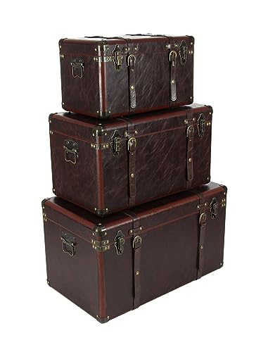 Deco 79 Faux Leather Decorative Trunk Nesting Upholstered Decorative Large Boxes with Vintage Accents and Studs, Set of 3 Storage Trunks 19", 24", 27"W, Brown