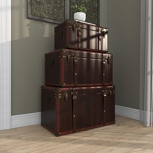 Deco 79 Faux Leather Decorative Trunk Nesting Upholstered Decorative Large Boxes with Vintage Accents and Studs, Set of 3 Storage Trunks 19", 24", 27"W, Brown