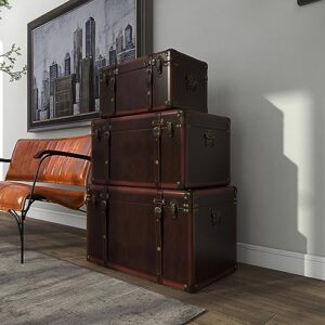 Deco 79 Faux Leather Decorative Trunk Nesting Upholstered Decorative Large Boxes with Vintage Accents and Studs, Set of 3 Storage Trunks 19", 24", 27"W, Brown