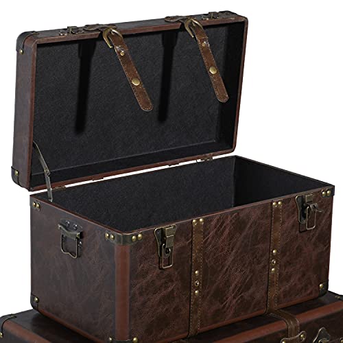 Deco 79 Faux Leather Decorative Trunk Nesting Upholstered Decorative Large Boxes with Vintage Accents and Studs, Set of 3 Storage Trunks 19", 24", 27"W, Brown