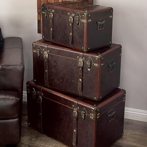 Deco 79 Faux Leather Decorative Trunk Nesting Upholstered Decorative Large Boxes with Vintage Accents and Studs, Set of 3 Storage Trunks 19", 24", 27"W, Brown