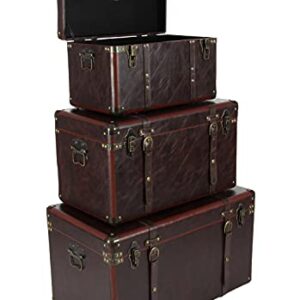 Deco 79 Faux Leather Decorative Trunk Nesting Upholstered Decorative Large Boxes with Vintage Accents and Studs, Set of 3 Storage Trunks 19", 24", 27"W, Brown