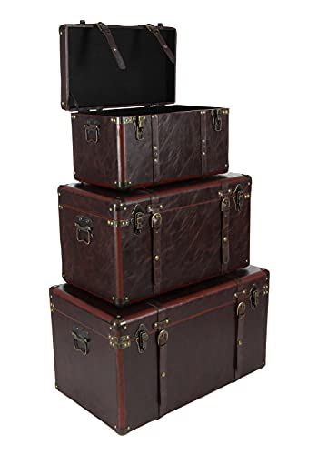 Deco 79 Faux Leather Decorative Trunk Nesting Upholstered Decorative Large Boxes with Vintage Accents and Studs, Set of 3 Storage Trunks 19", 24", 27"W, Brown