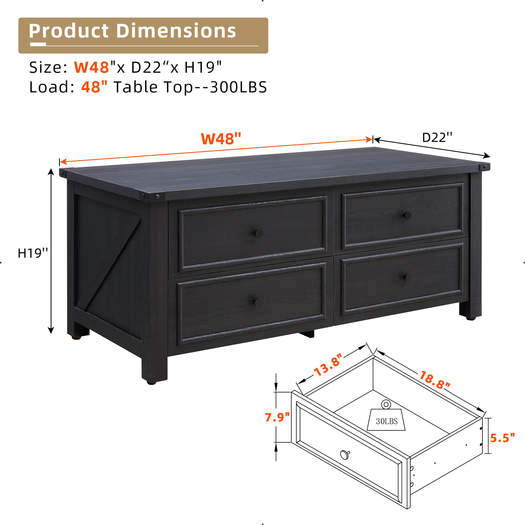 JXQTLINGMU 48”Farmhouse Coffee Table with 4 Large Storage Drawers, Modern Center Table with Barn Door for Living Room, Office, Rustic Rectangle Cocktail Table, Wood, Black