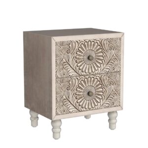 HOMPUS Nightstand, Rustic End Table with 2 Pattern Carved Drawers, Vintage Night Stand with 4 Wood Legs, Small Dresser for Bedroom, Living Room, Light Grey Grain