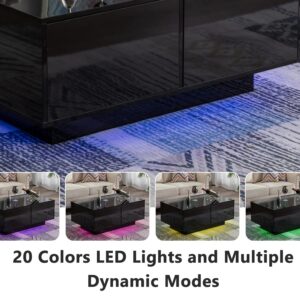 St.Mandyu LED Coffee Table with Storage Drawers,Modern High Glossy Center Table with 20 Colors LED Lights for Living Room (Black)