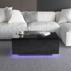 St.Mandyu LED Coffee Table with Storage Drawers,Modern High Glossy Center Table with 20 Colors LED Lights for Living Room (Black)