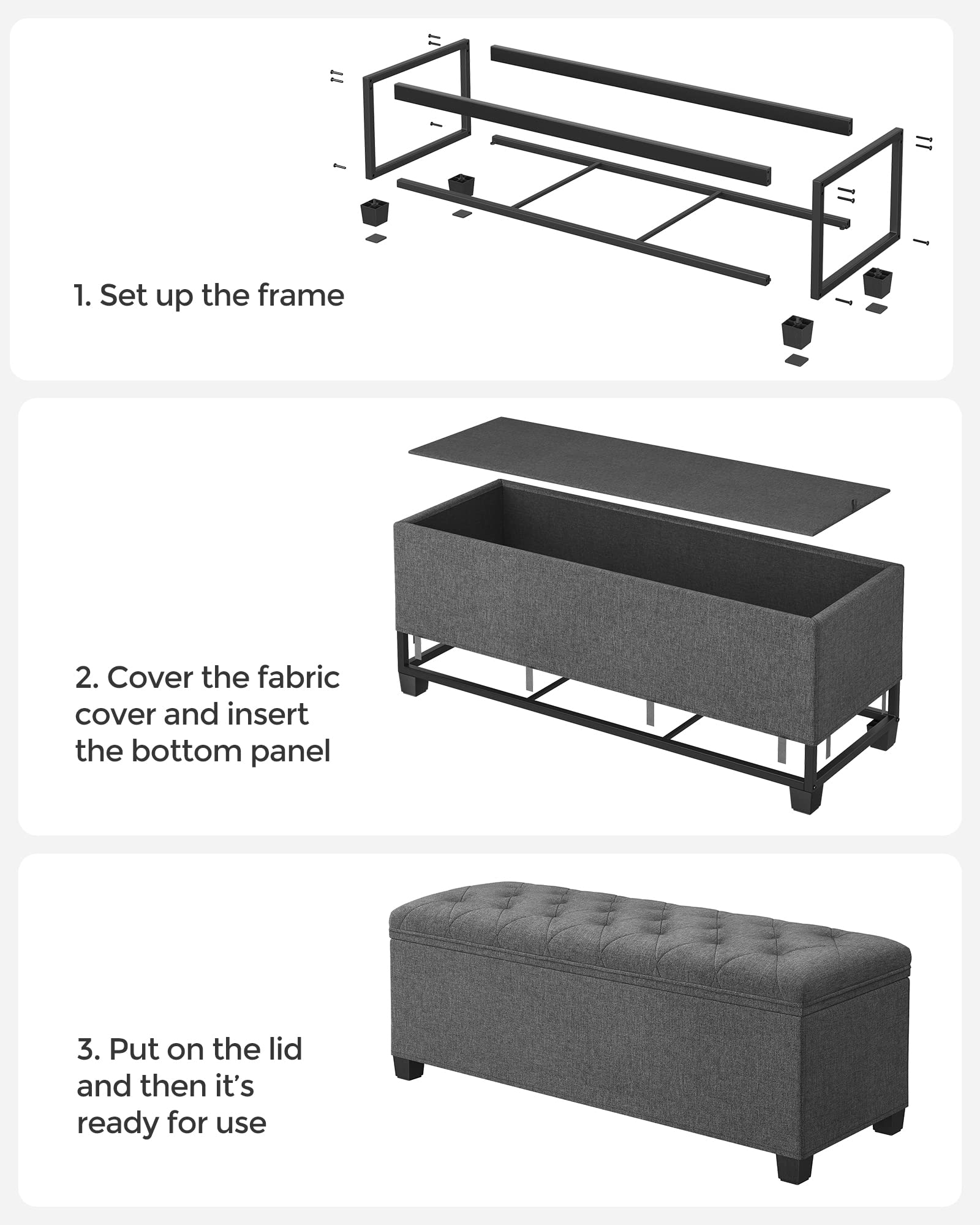 SONGMICS Storage Ottoman Bench, Foldable Foot Rest with Legs, 15.7 x 43 x 15.7 Inches, End of Bed Bench, Storage Chest, Load up to 660 lb, for Living Room, Bedroom, Entryway, Dark Gray ULSF088G01