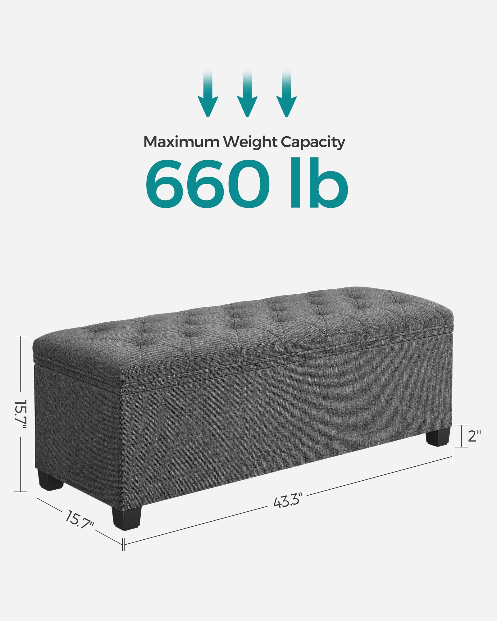 SONGMICS Storage Ottoman Bench, Foldable Foot Rest with Legs, 15.7 x 43 x 15.7 Inches, End of Bed Bench, Storage Chest, Load up to 660 lb, for Living Room, Bedroom, Entryway, Dark Gray ULSF088G01