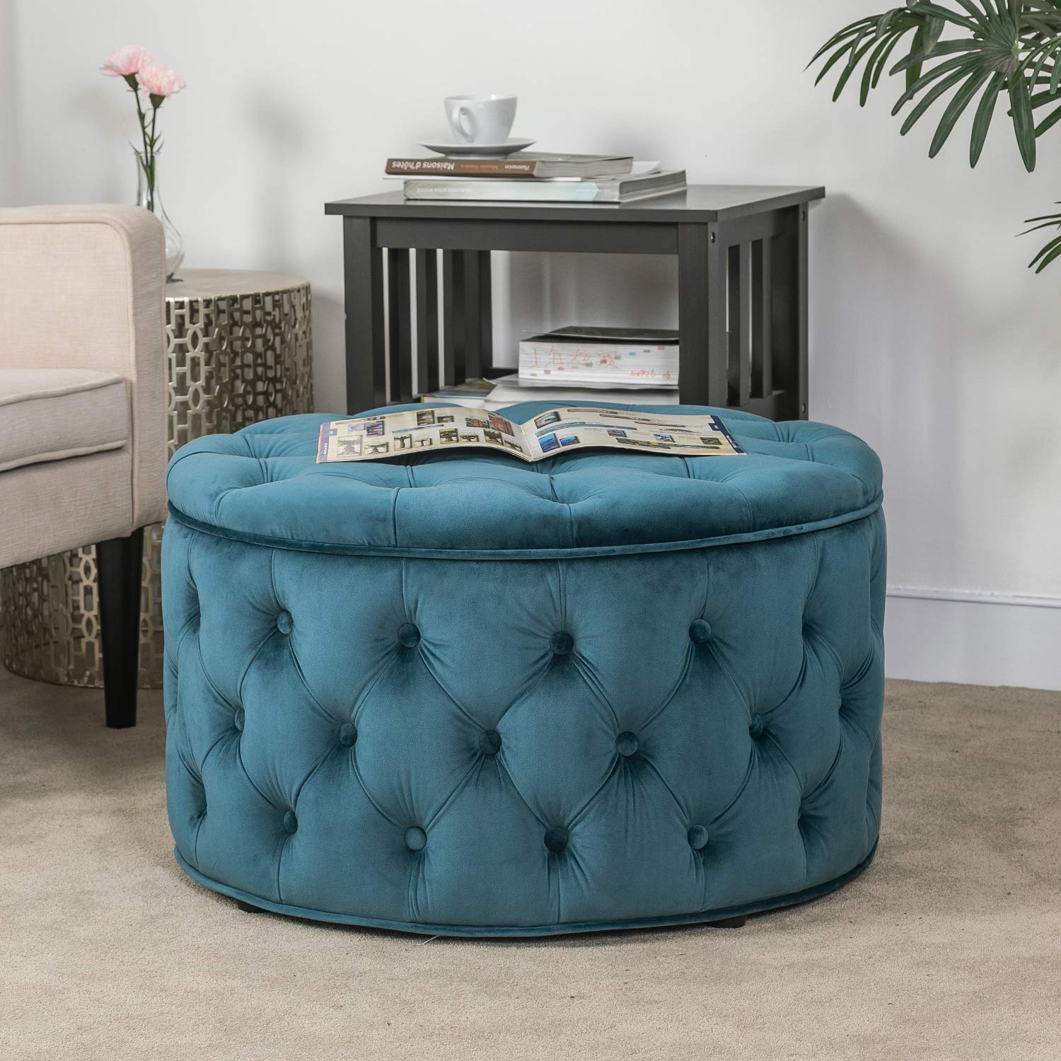 Homebeez 28 Inch Velvet Round Storage Ottoman, Button Tufted Footrest Stool Bench Coffee Table for Living Room(Dark Teal)