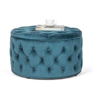 Homebeez 28 Inch Velvet Round Storage Ottoman, Button Tufted Footrest Stool Bench Coffee Table for Living Room(Dark Teal)