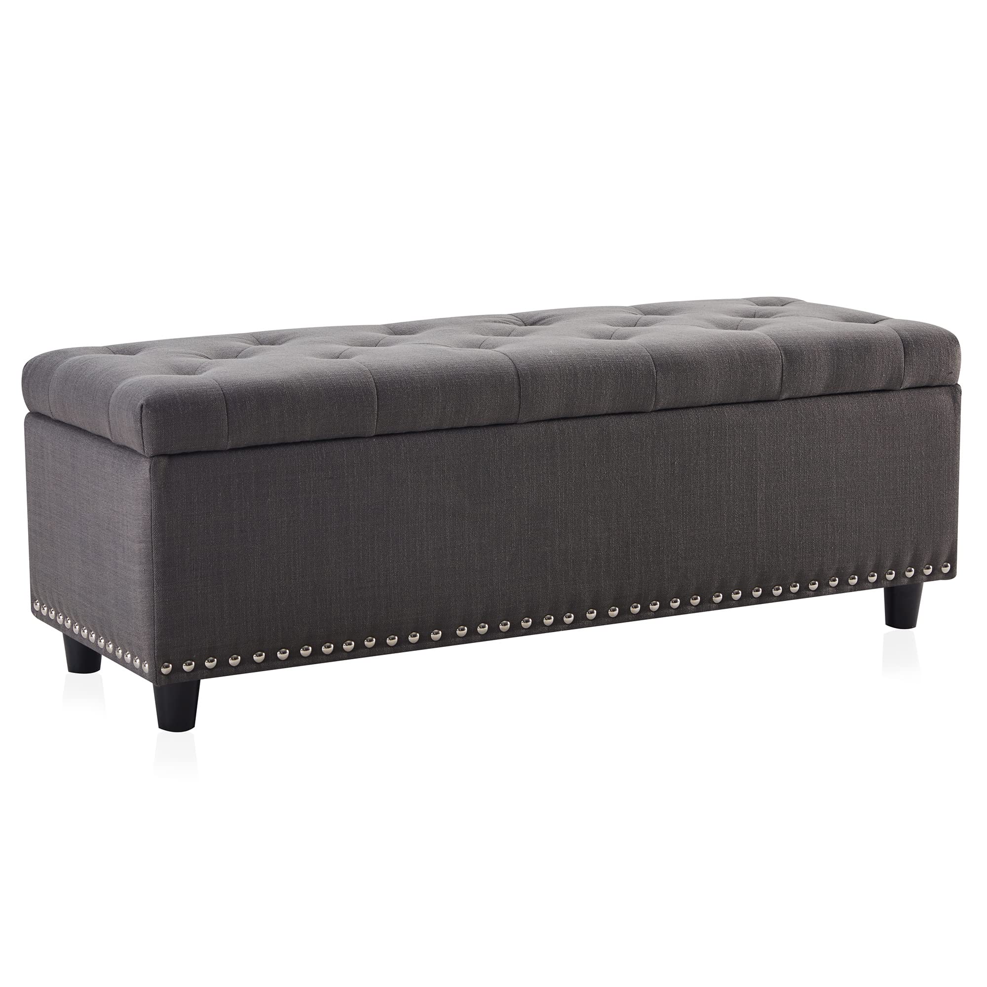 BELLEZE 47 Inch Storage Ottoman, Button-Tufted Ottoman Linen Storage Bench with Safety Close Hinge, Ottoman with Storage for Living Room, Entryway, Hallway, Foot Rest, Support 300lbs - Dark Gray