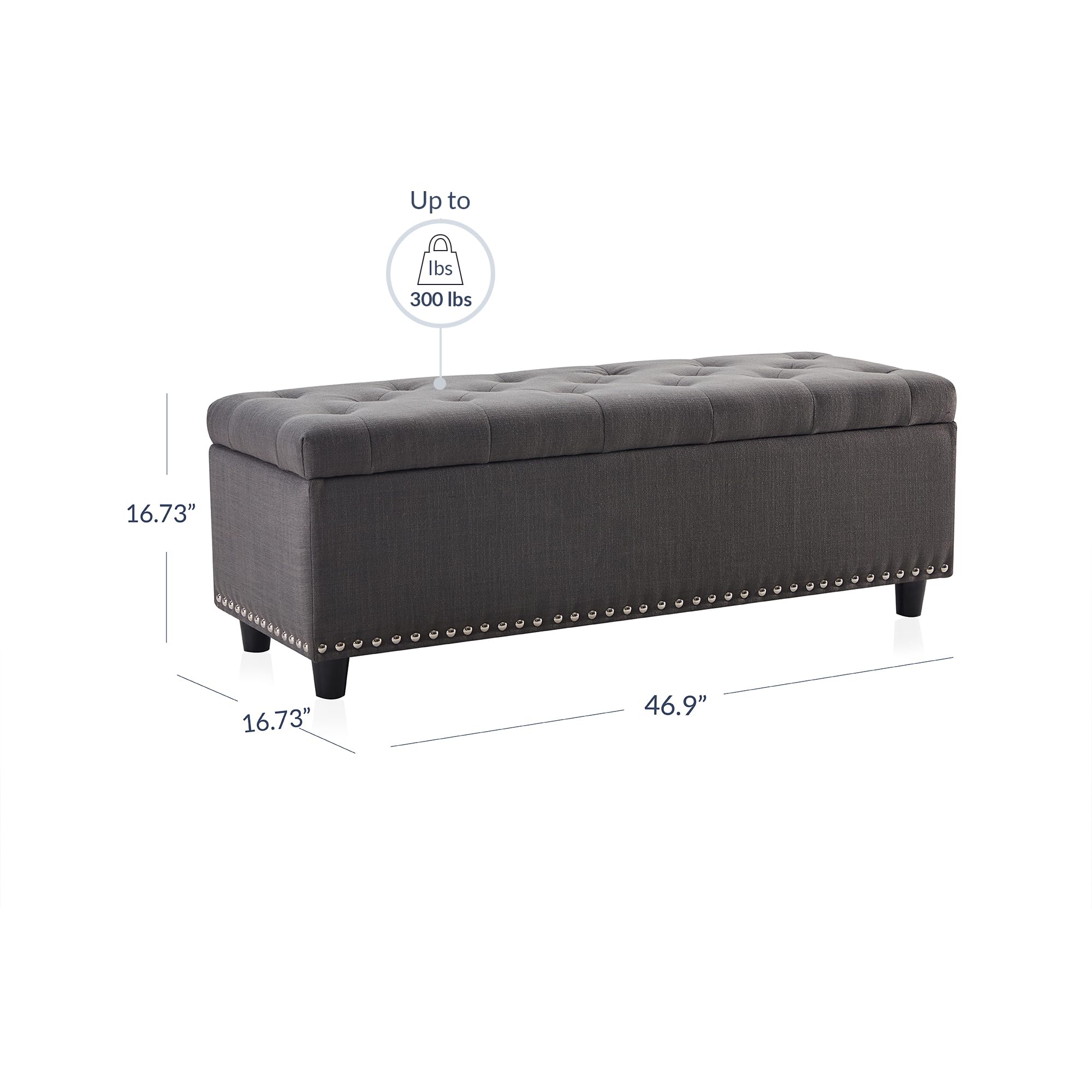 BELLEZE 47 Inch Storage Ottoman, Button-Tufted Ottoman Linen Storage Bench with Safety Close Hinge, Ottoman with Storage for Living Room, Entryway, Hallway, Foot Rest, Support 300lbs - Dark Gray