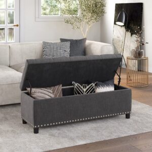 BELLEZE 47 Inch Storage Ottoman, Button-Tufted Ottoman Linen Storage Bench with Safety Close Hinge, Ottoman with Storage for Living Room, Entryway, Hallway, Foot Rest, Support 300lbs - Dark Gray