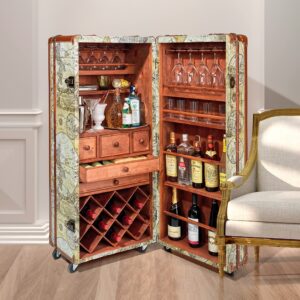 Design Toscano Italian-Style World Map Cocktail Bar Steamer Trunk, 49.5 Inch, full color