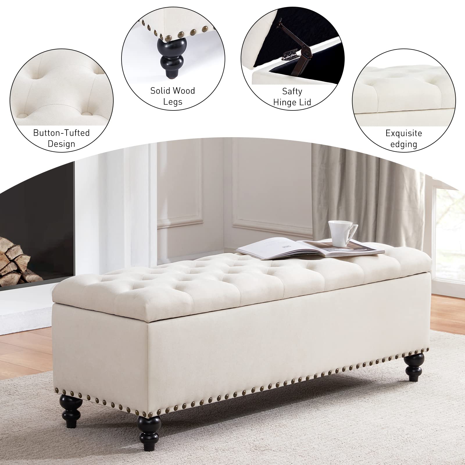 HUIMO Ottoman with Storage, 51-inch Storage Ottoman Bench with Button-Tufted, Bedroom Bench Safety Hinge Ottoman in Upholstered Fabrics, Large Storage Bench for Bedroom, Living Room (Ivory-Rivet)