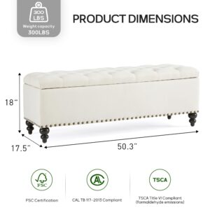 HUIMO Ottoman with Storage, 51-inch Storage Ottoman Bench with Button-Tufted, Bedroom Bench Safety Hinge Ottoman in Upholstered Fabrics, Large Storage Bench for Bedroom, Living Room (Ivory-Rivet)