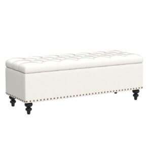 HUIMO Ottoman with Storage, 51-inch Storage Ottoman Bench with Button-Tufted, Bedroom Bench Safety Hinge Ottoman in Upholstered Fabrics, Large Storage Bench for Bedroom, Living Room (Ivory-Rivet)